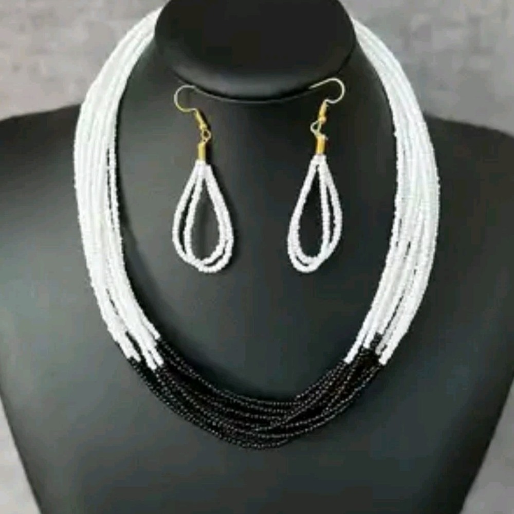 Artisan Multi-Strand Statement Necklace & Earrings Set - Bold Monochrome Design